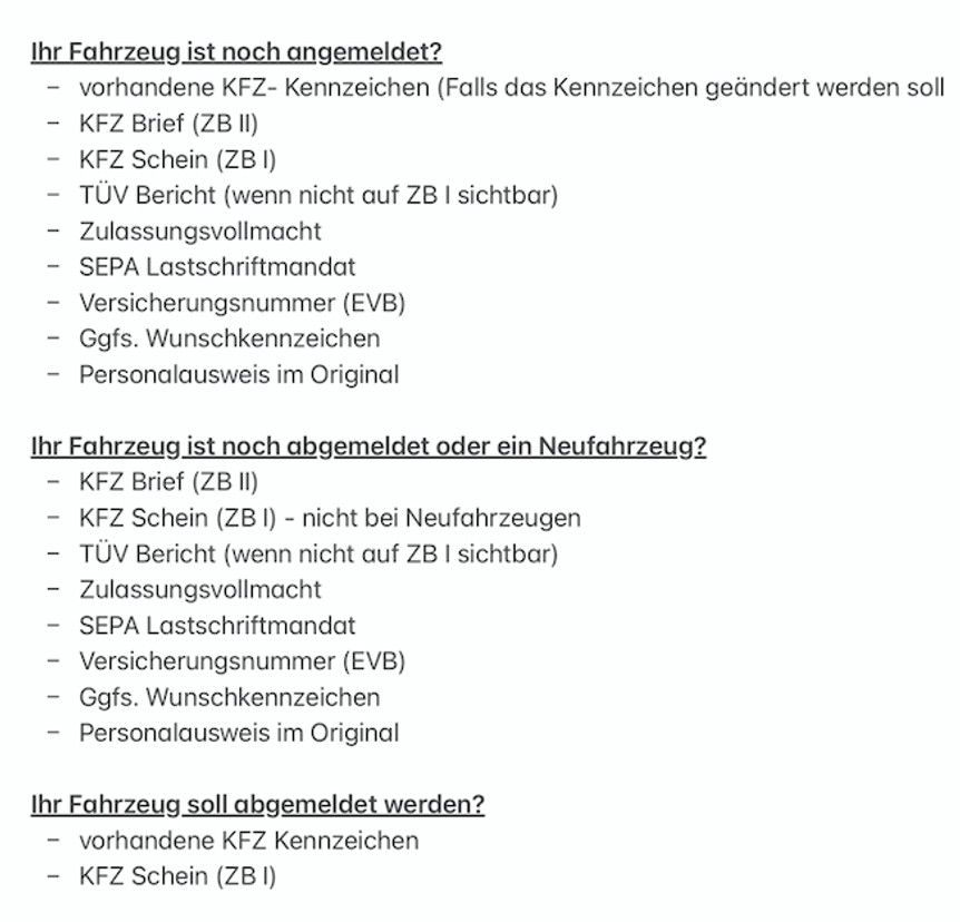 Unterlagen KFZ anmelden